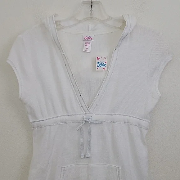 NWT Justice White Hoodie Cap Sleeve Bling Top L 14 - Picture 2 of 16